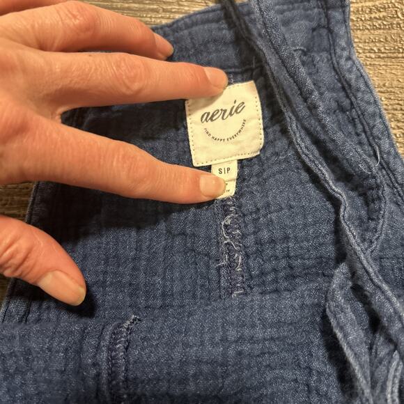 Aerie Women's Cotton Romper Blue Pockets Preppy Vacation Shortall Size Small - Picture 5 of 6